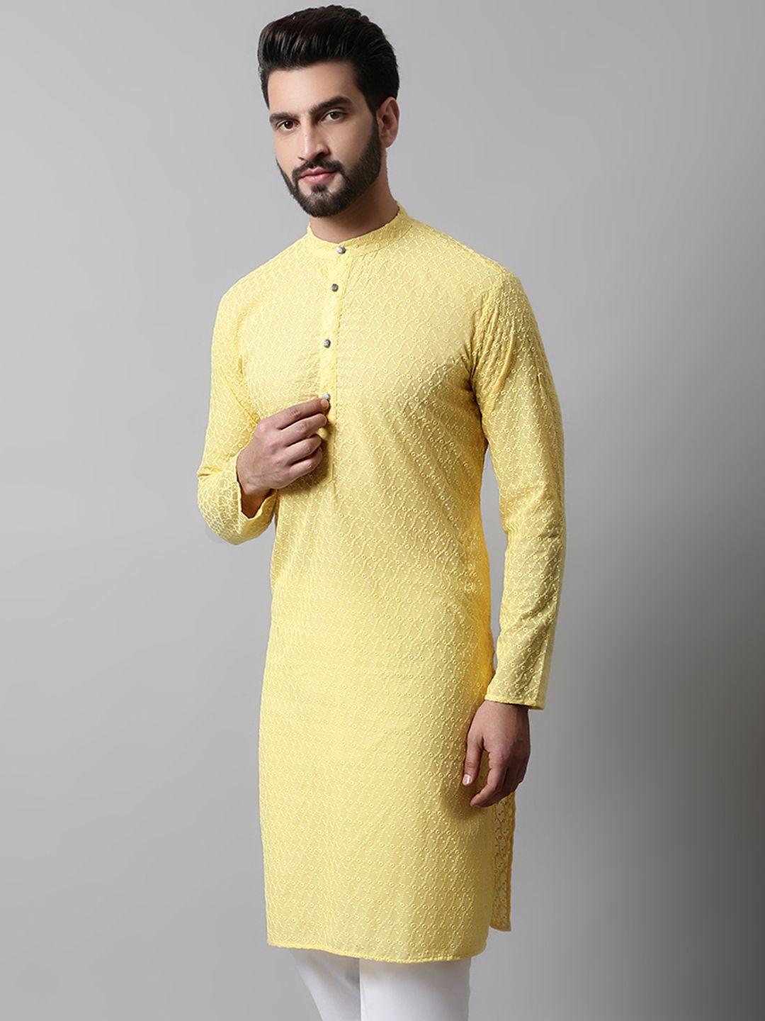 Jompers Men Yellow Geometric Embroidered Kurta