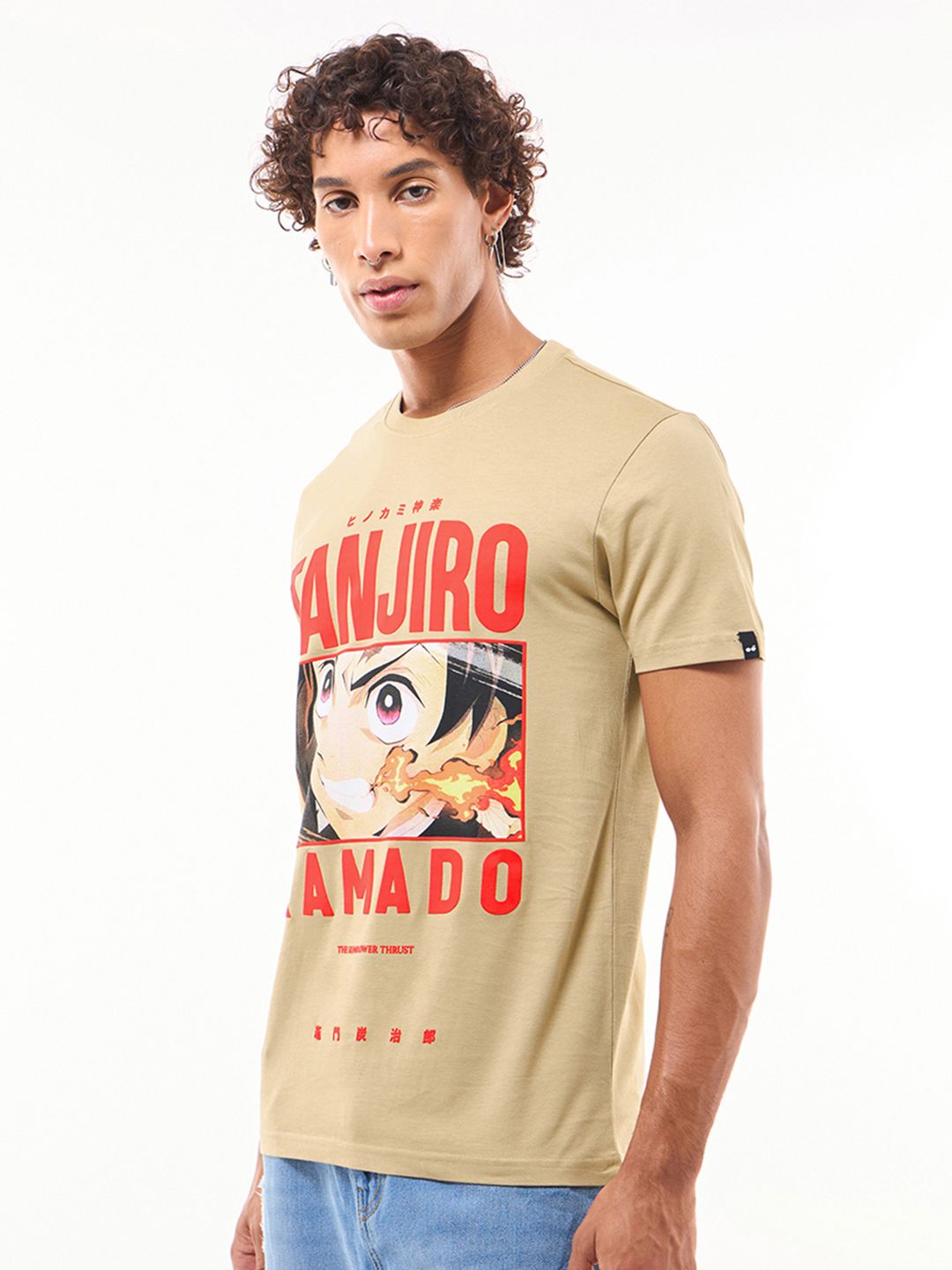 Bewakoof Official Demon Slayer Men's Brown Tanjiro Fire Breathing Graphic Printed T-shirt