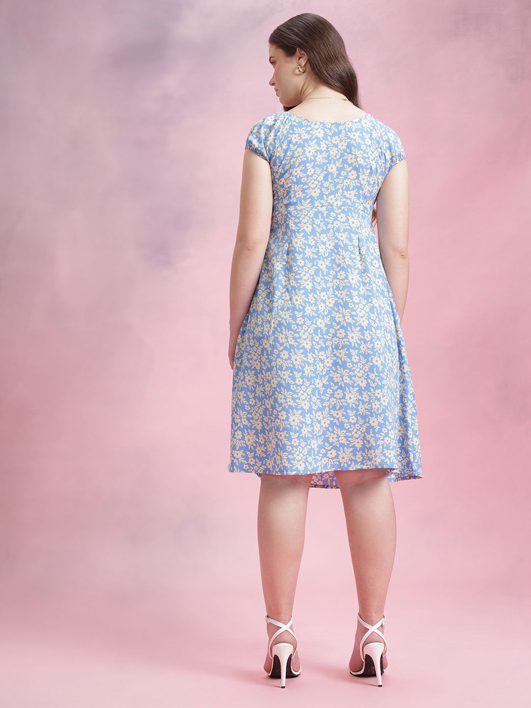 DressBerry Floral Print Gathered Detail Tie-Up Neck A-Line Dress with Side Slit