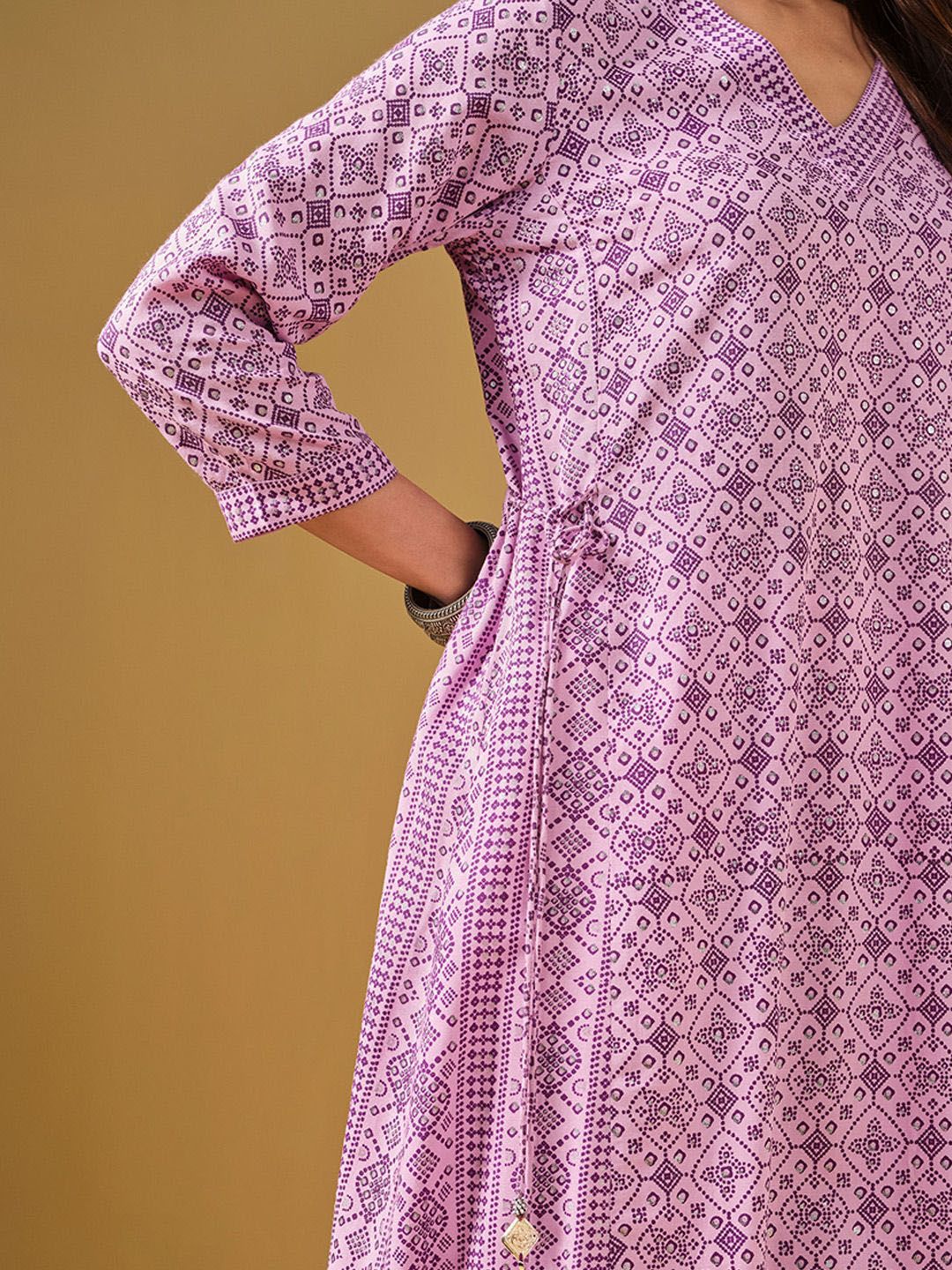 Global Desi Ethnic Motifs Printed V-Neck A-Line Kurta