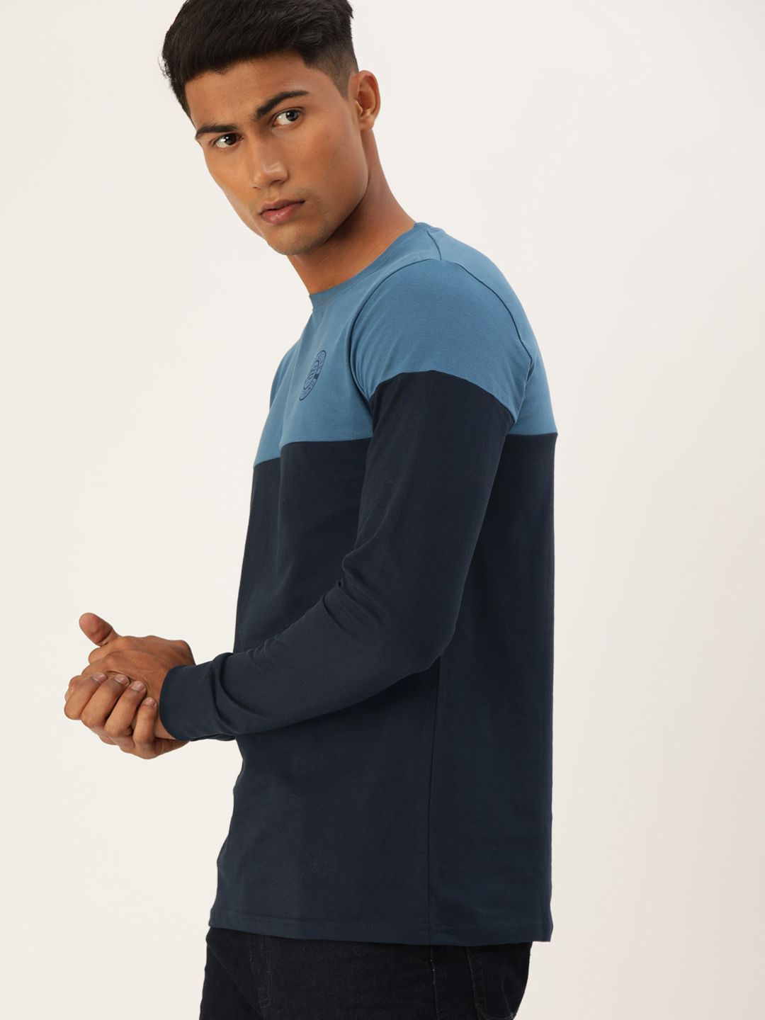 Difference of Opinion Men Navy Blue Colourblocked Round Neck Pure Cotton T-shirt