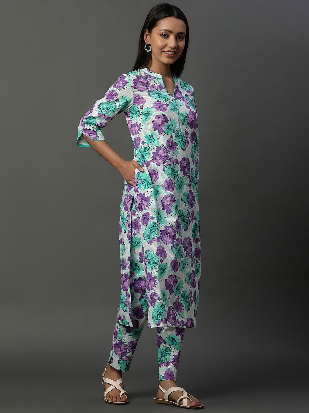 AURELIA Floral Printed Regular Pure Cotton Band Collar Straight Kurta with Trousers