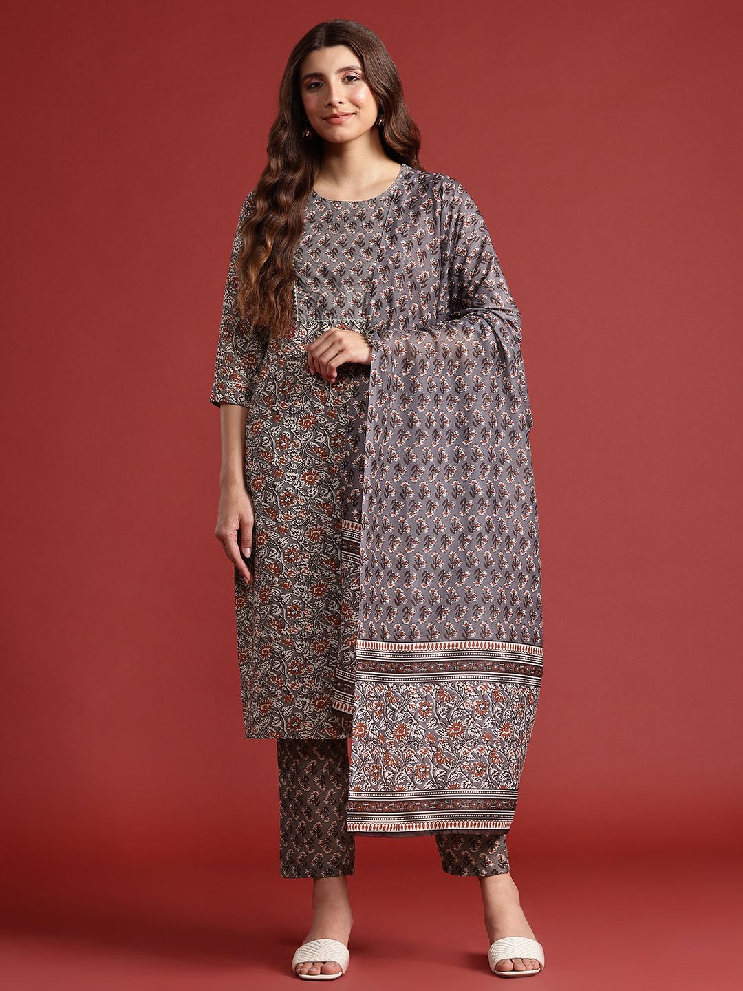 Anouk Ethnic Motif Print Kurta with Trousers & Dupatta