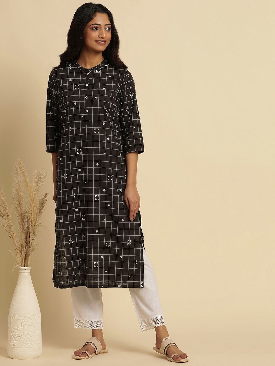 W Checked Mandarin Collar Pure Cotton Straight Kurta