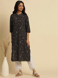 W Checked Mandarin Collar Pure Cotton Straight Kurta