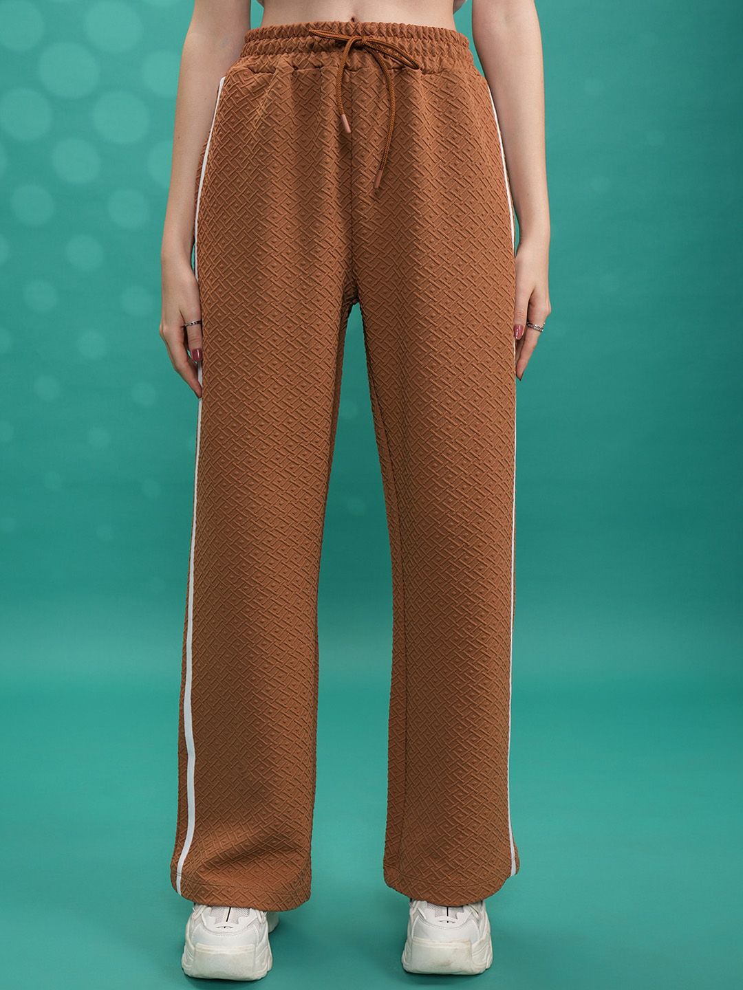 Tokyo Talkies Brown Self-Design Hooded Jacket With Track Pant Co-Ords