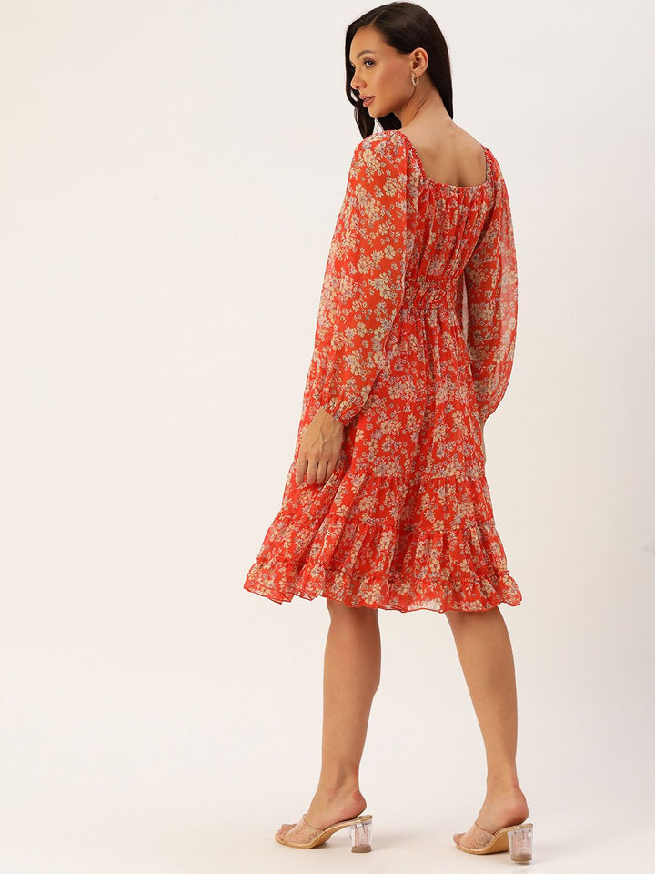 Antheaa Floral Print Puff Sleeve Chiffon A-Line Dress