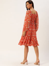 Antheaa Floral Print Puff Sleeve Chiffon A-Line Dress