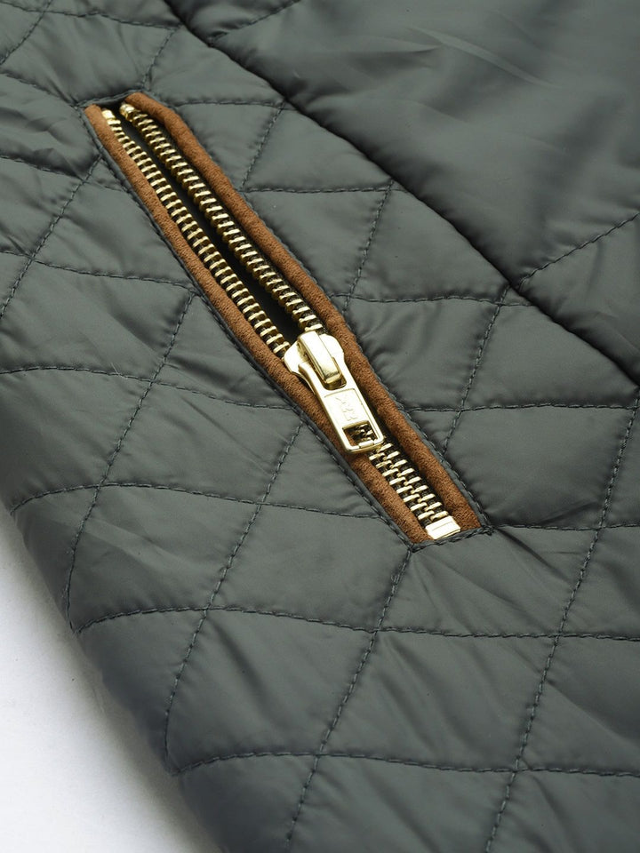 DressBerry Women Olive Green Quilted Longline Hooded Parka Jacket