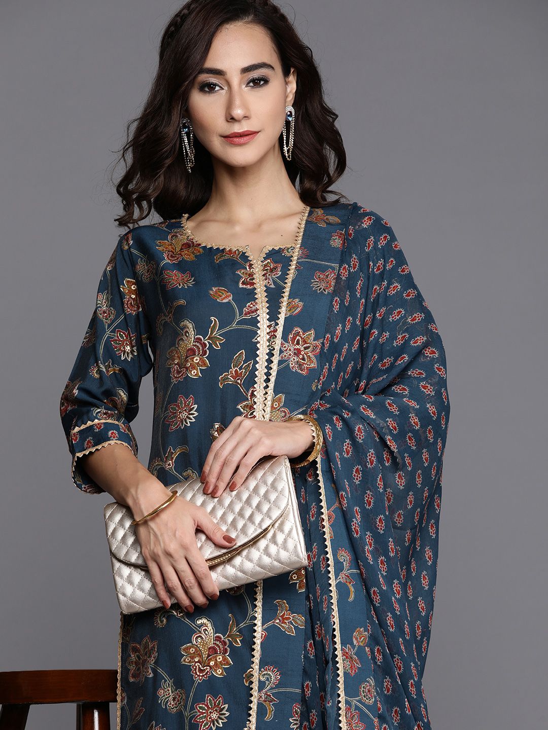 Libas Women Blue & Maroon Floral Printed Regular Kurta with Palazzos & Dupatta