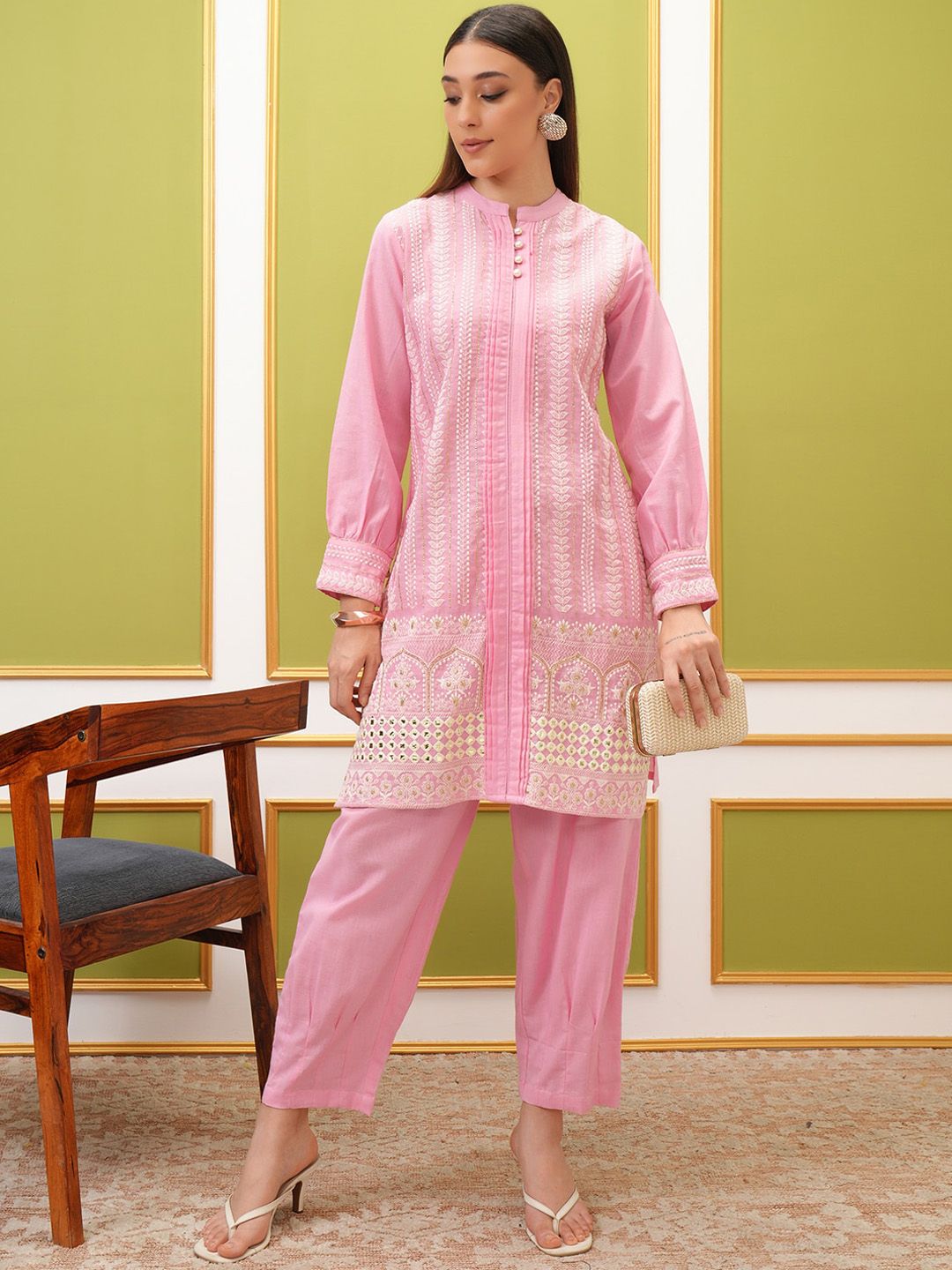 Vishudh Pink Floral Embroidered Mandarin Collar Pure Cotton Straight Kurta With Trousers