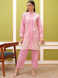 Vishudh Pink Floral Embroidered Mandarin Collar Pure Cotton Straight Kurta With Trousers