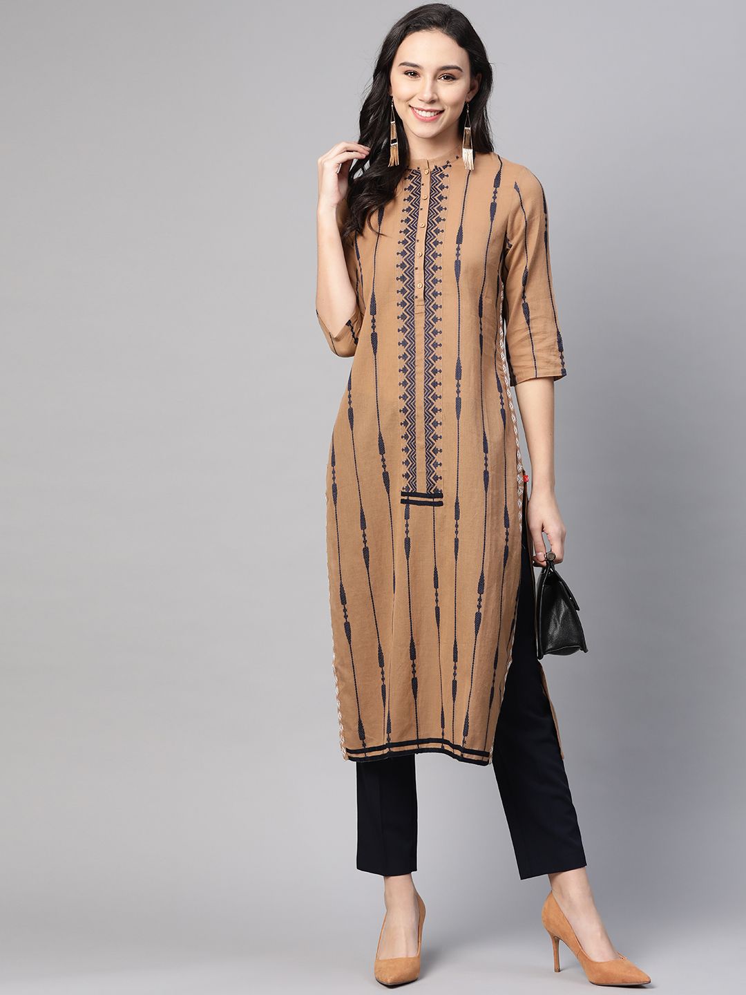 W Women Brown & Navy Blue Striped Straight Kurta