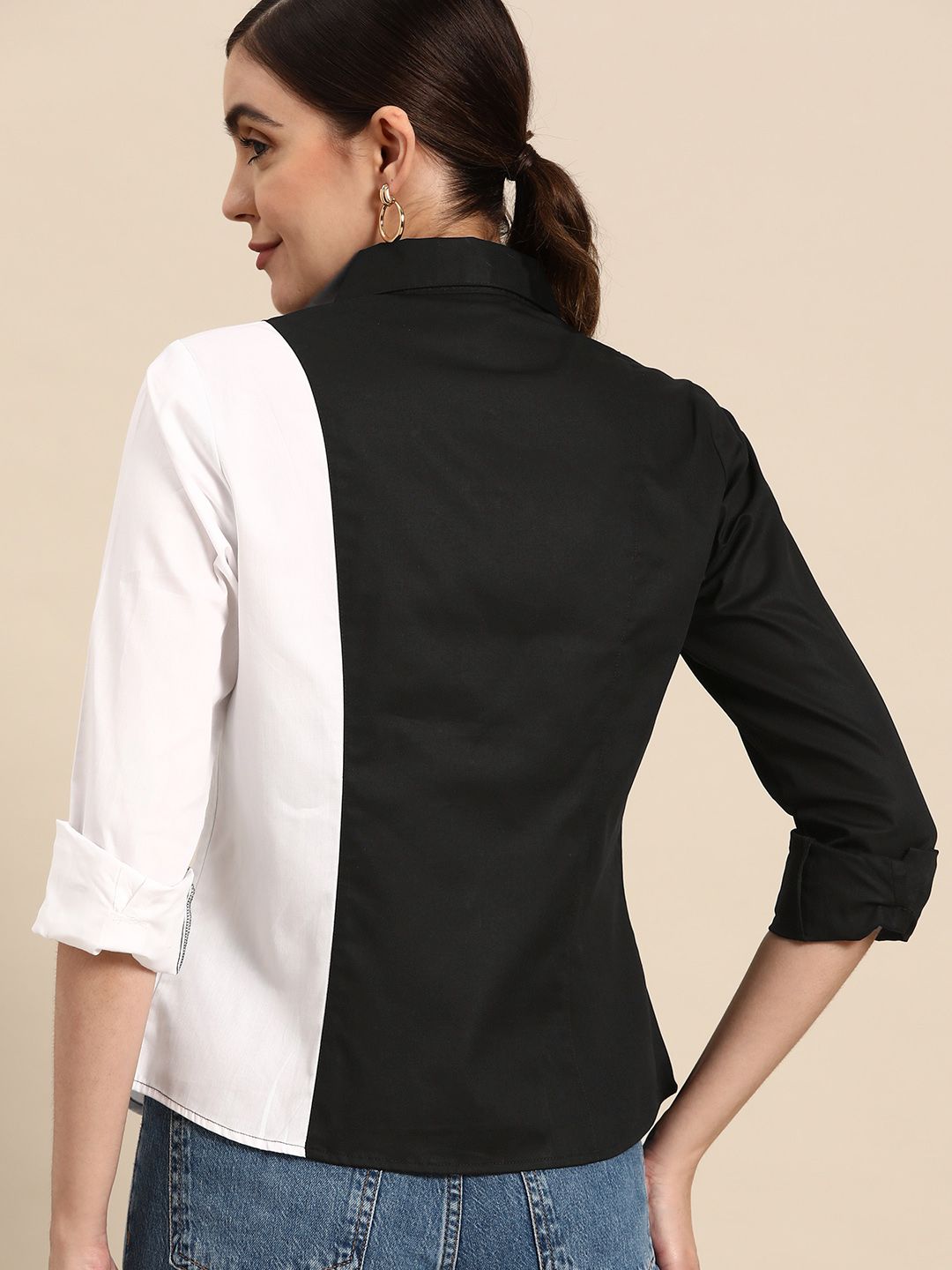 DENNISON Women Black Smart Slim Fit Opaque Colourblocked Casual Shirt