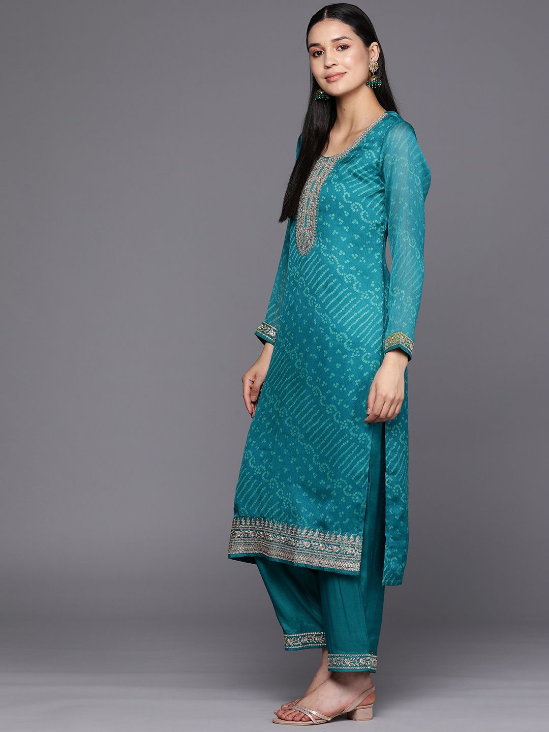 Libas Women Turquoise Blue Bandhani Printed Kurta with Trousers & With Dupatta