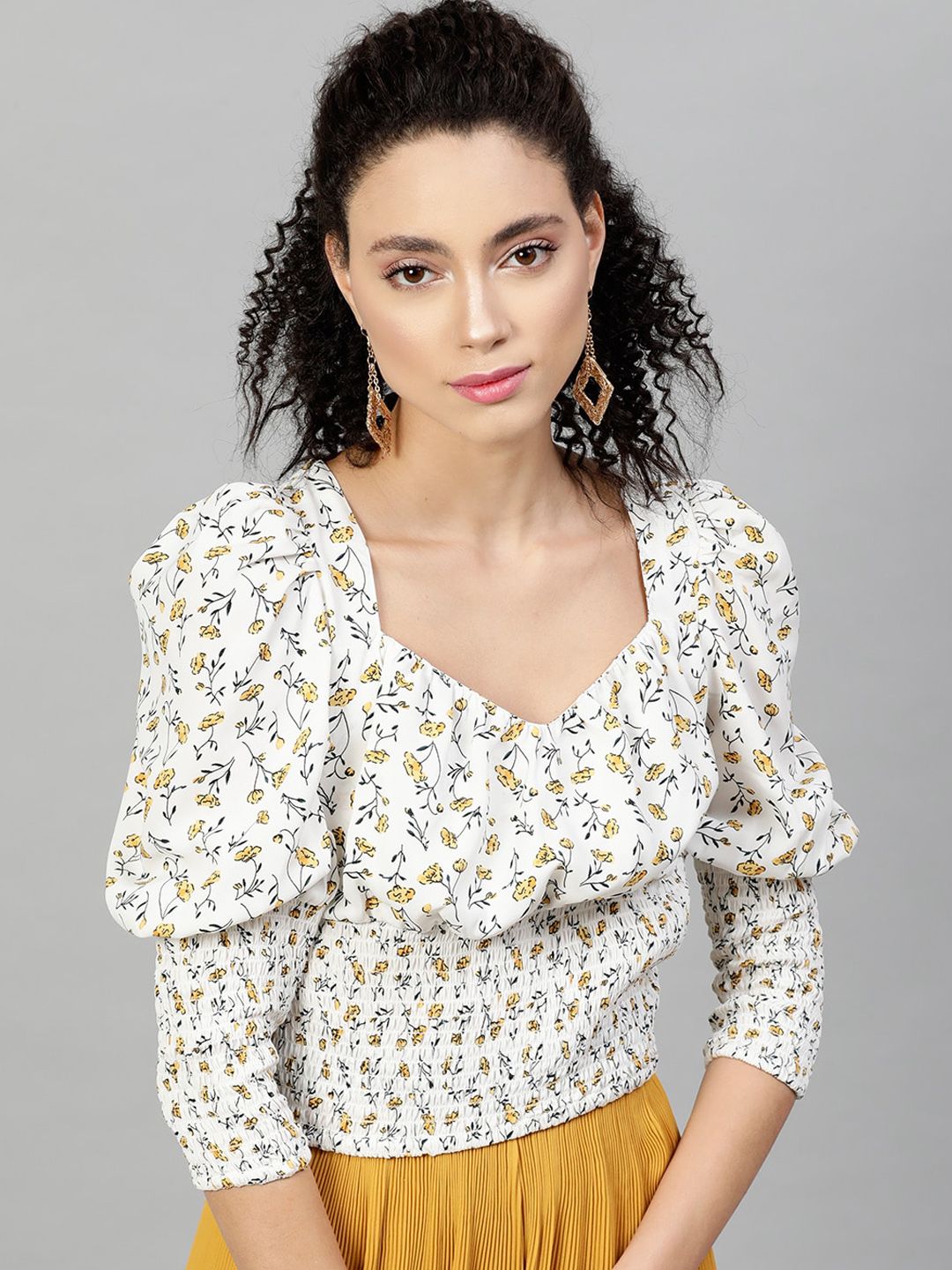 STREET 9 White Floral Printed Sweetheart Neck Puff Sleeves Crepe Blouson Top