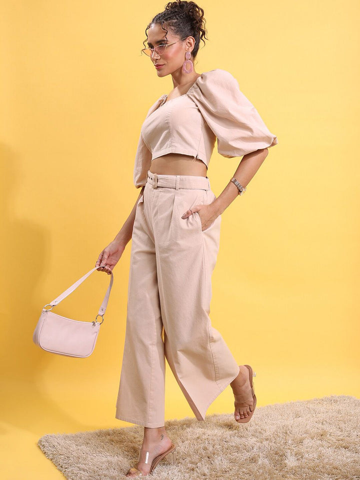 Tokyo Talkies Cropped Top With Flared Trouser & Belt