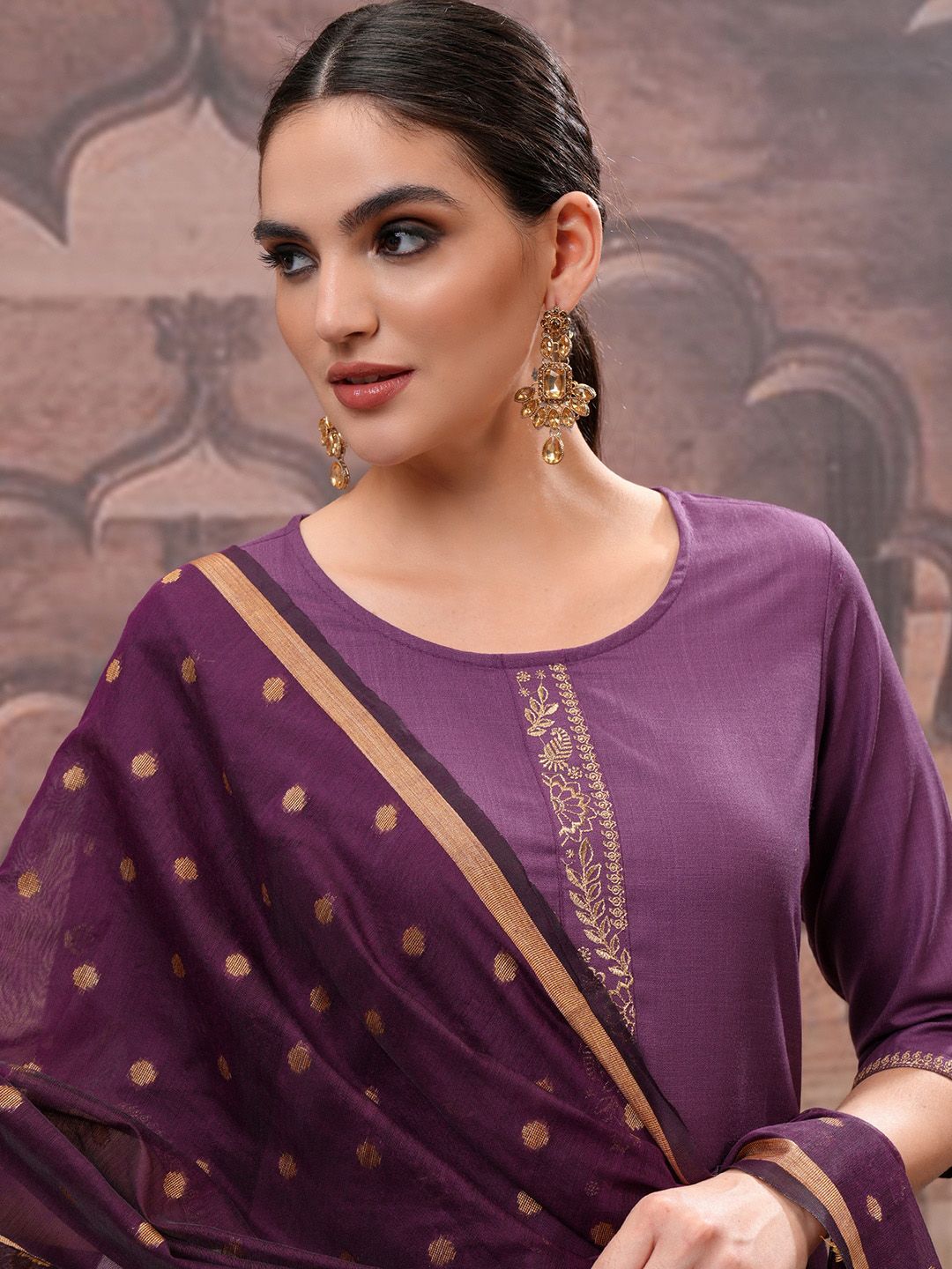 Vishudh Purple Embroidered Round Neck Straight Kurta with Trouser & Dupatta