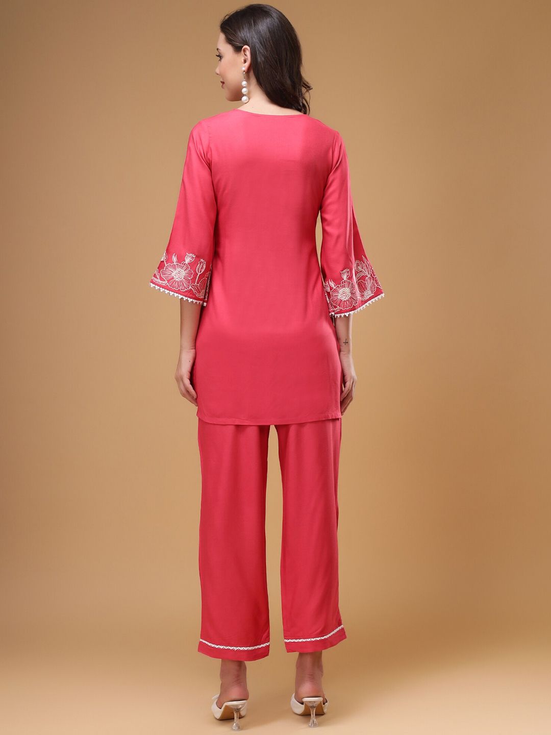 Bani Women Floral Embroidered V-Neck Lace Top & Flared Trouser