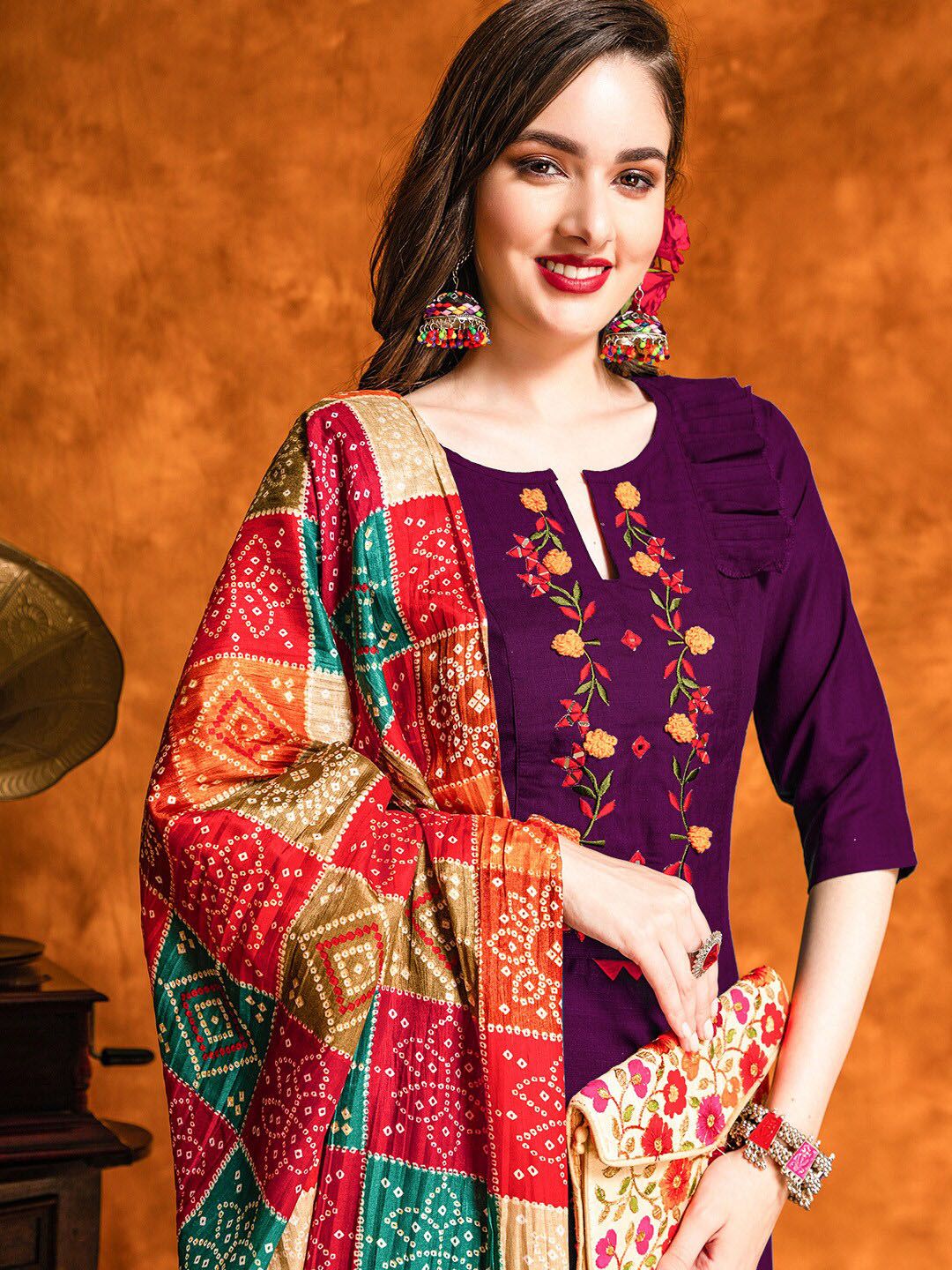 KALINI Floral Embroidered Mirror Work Straight Kurta with Patiala & With Dupatta