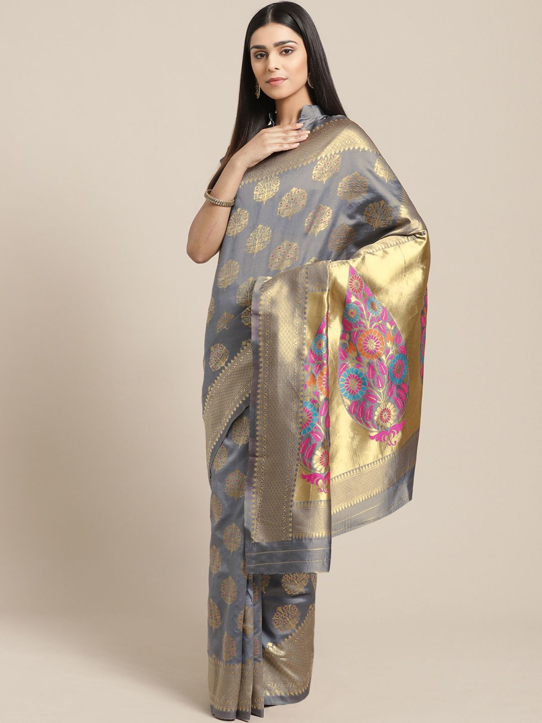 Saree mall Grey & Golden Woven Design Banarasi Saree