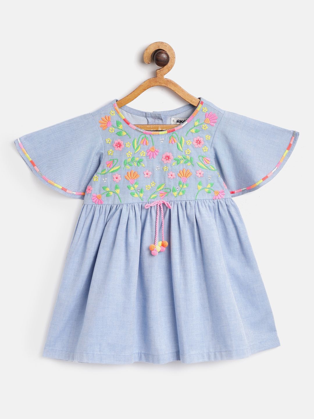 Nauti Nati Girls Blue Floral Embroidered A-Line Dress