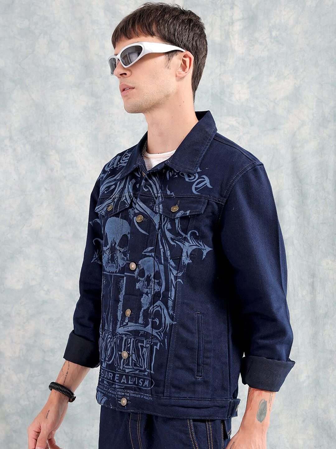 The Indian Garage Co Men Graphic Print Slim Fit Denim Jacket with Double Flap Pockets