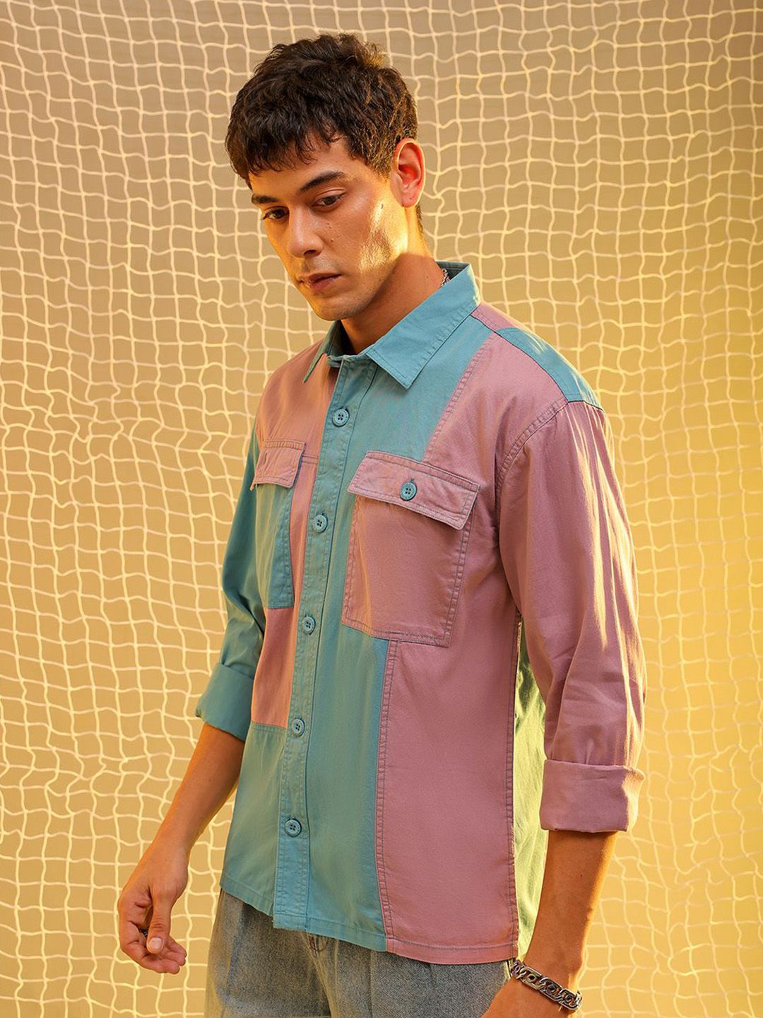 The Indian Garage Co Colourblocked Spread Collar Long Sleeves Cotton Casual Shirt