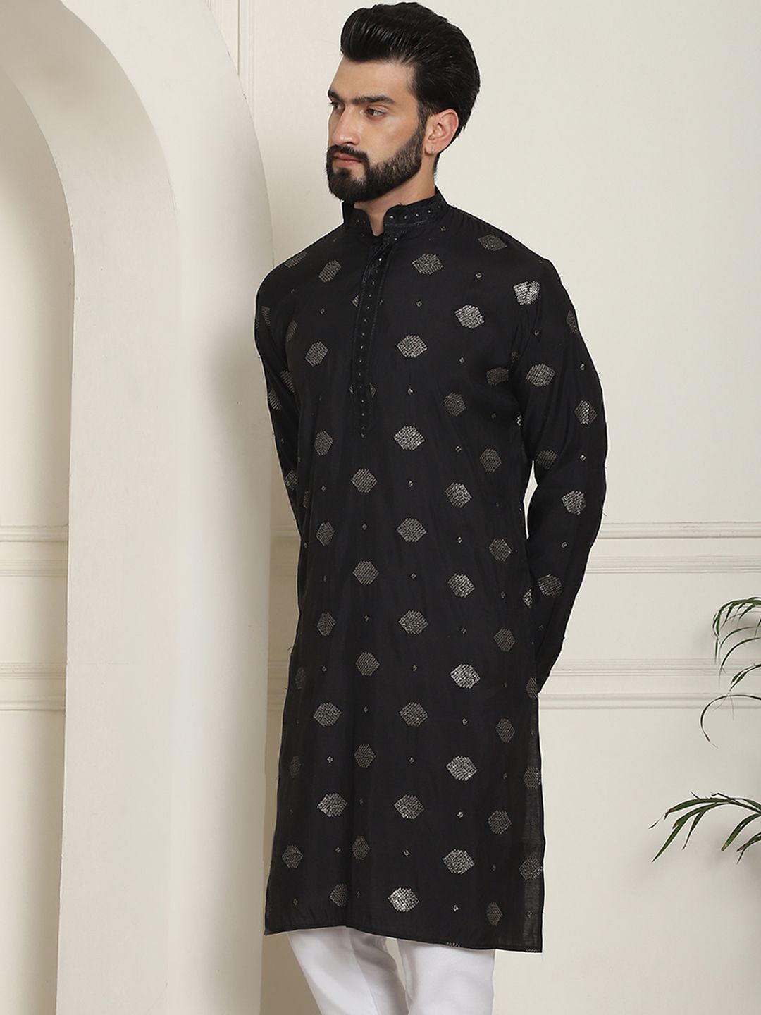 SOJANYA Dihiasi Geometrik Kolar Mandarin Kolar Kapas Sutera Lurus Kurta