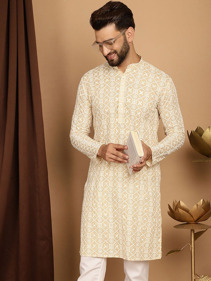 SOJANYA Men Beige Thread Work Kurta