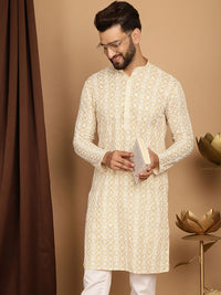 SOJANYA Men Beige Thread Work Kurta