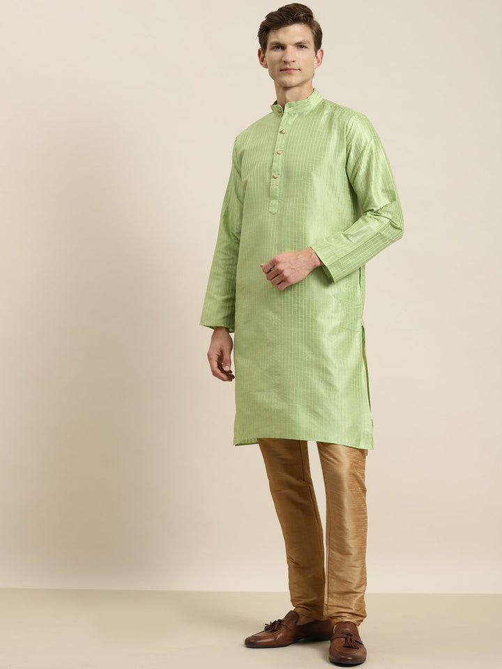 SOJANYA Men Green & Beige Kurta with Churidar & Nehru Jacket