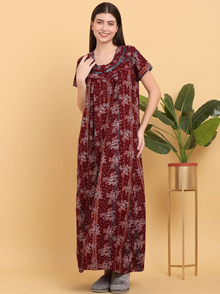 Sweet Dreams Round Neck Printed Pure Cotton Maxi Nightdress