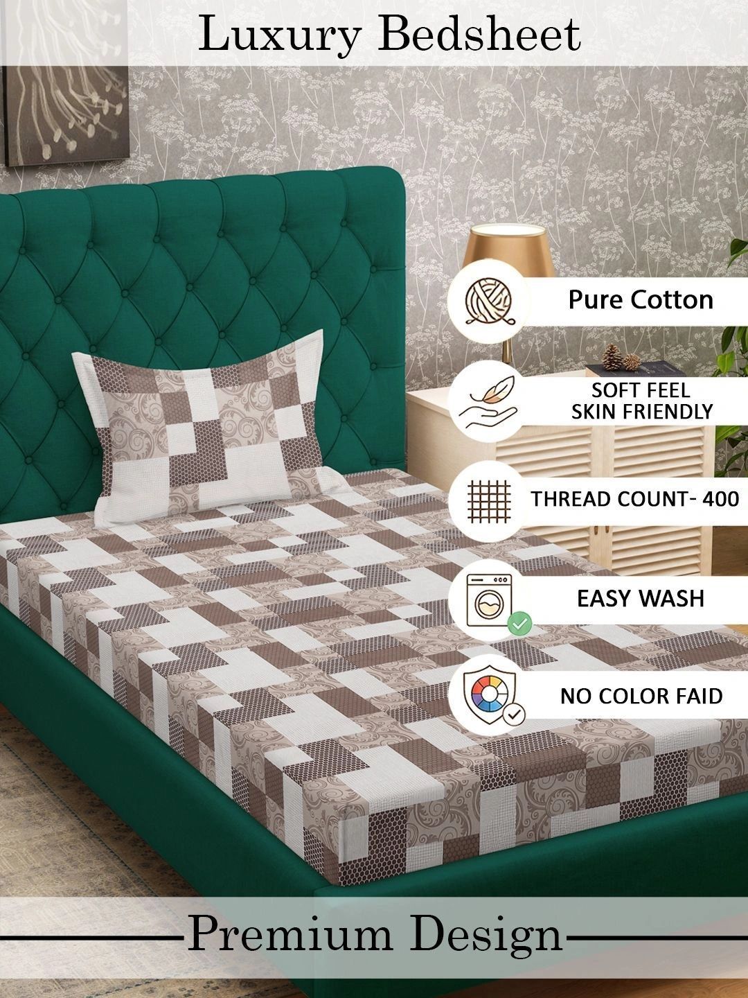 Myntra Elegant Homes Brown Geometric 400 TC Single Bedsheet with 1 Pillow Covers