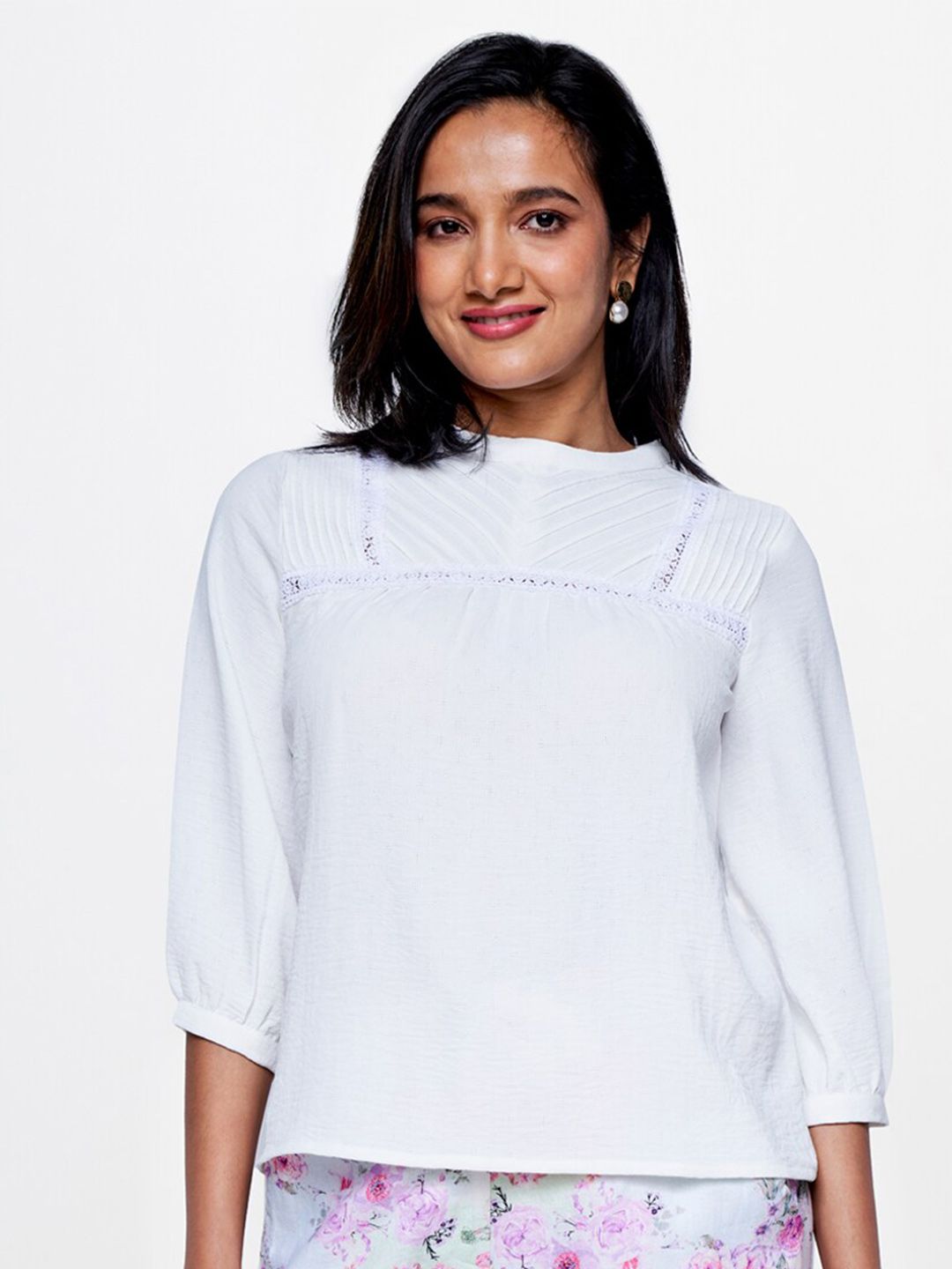 AND Round Neck Puffed Sleeves Gathered or Pleated Top