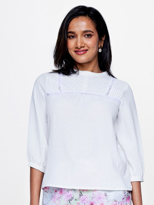 AND Round Neck Puffed Sleeves Gathered or Pleated Top