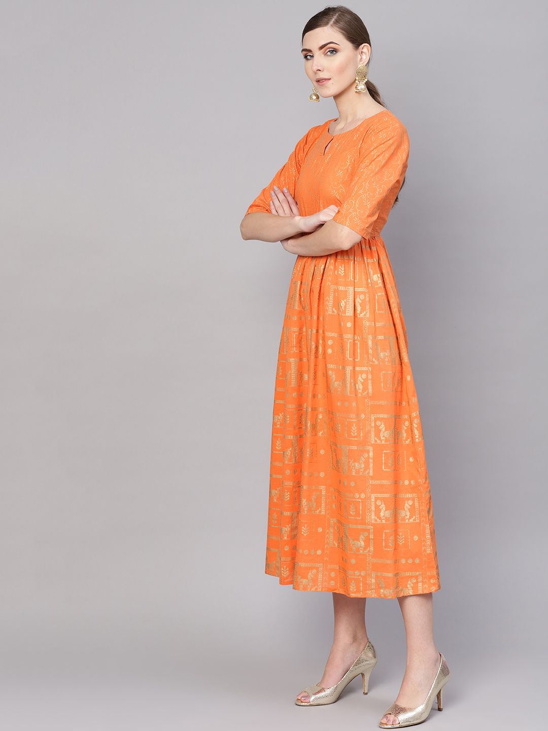 Gerua By Libas Women Orange  Golden Block Print Maxi Dress