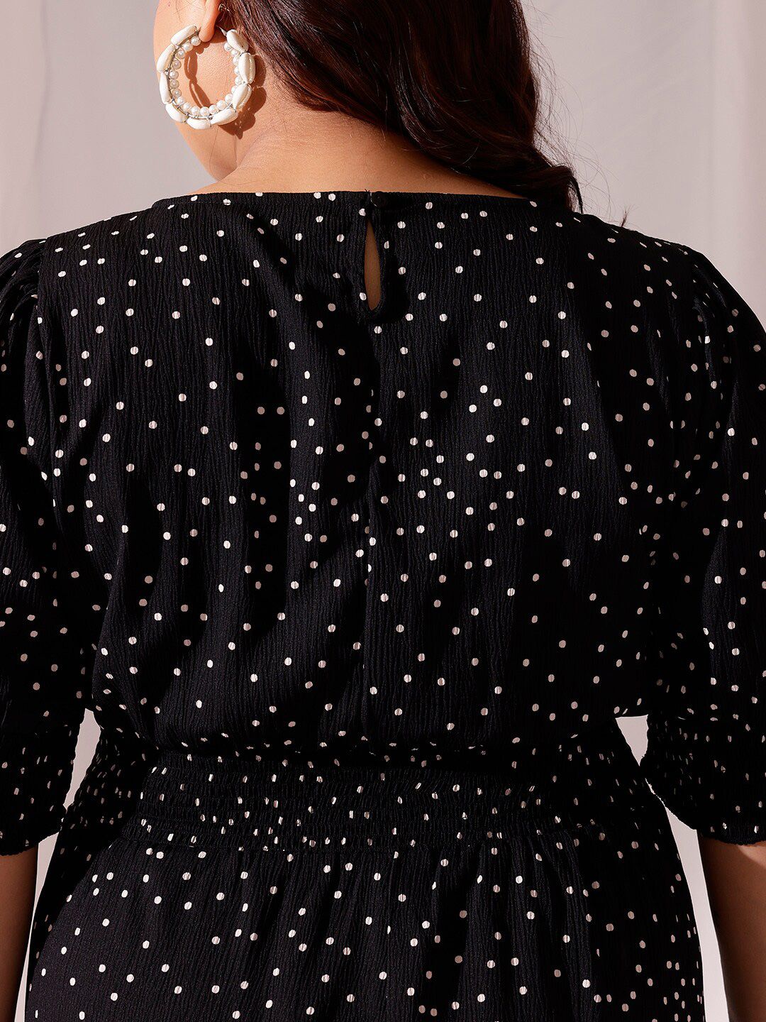 CURVY STREET Black Polka Dots Printed Flared Round Neck Puff Sleeve Blouson Dress