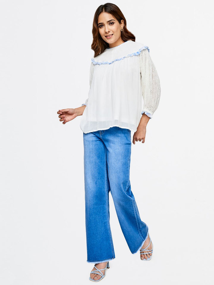 AND Smocked Detail Schiffli Puff Sleeve Top