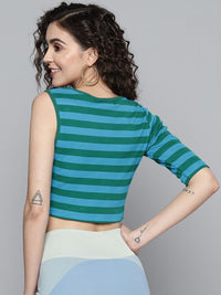 SASSAFRAS Blue & Green Striped One Sleeved Crop Top