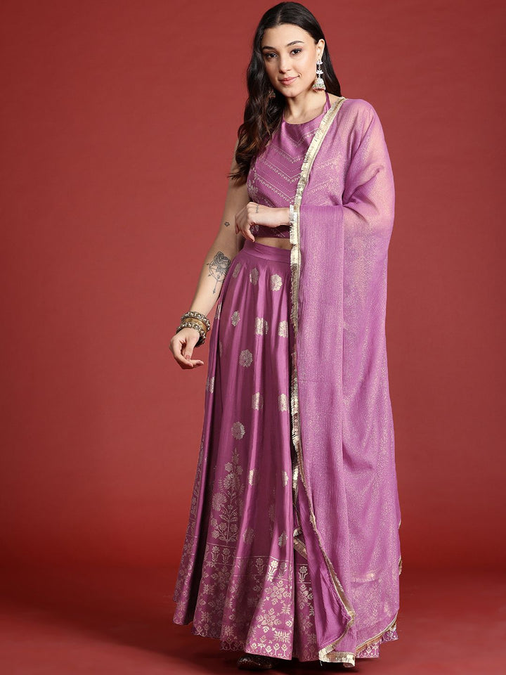 Anouk Printed Ready to Wear Halter Neck Smocked Lehenga & Blouse With Dupatta