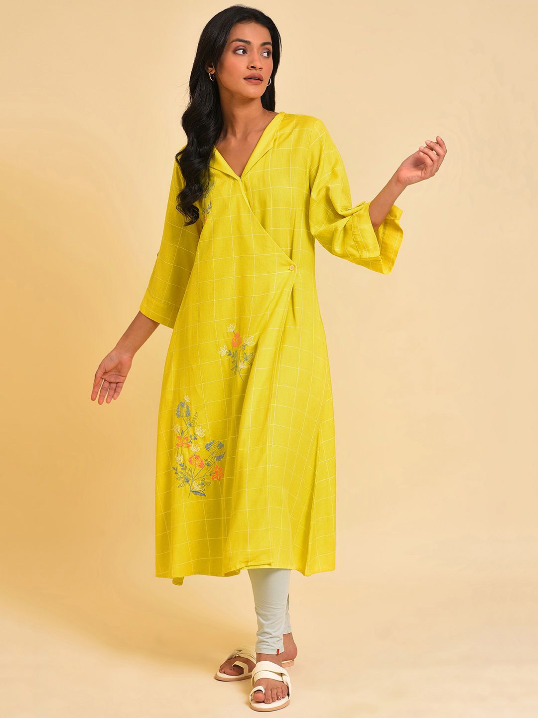 W Yellow Floral Printed A-Line Angrakha Kurta