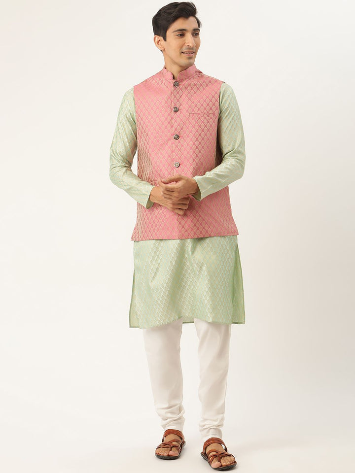 SOJANYA Kurta Motif Etnik Hijau & Merah Jambu Lelaki dengan Jaket Churidar & Nehru
