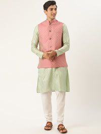 SOJANYA Kurta Motif Etnik Hijau & Merah Jambu Lelaki dengan Jaket Churidar & Nehru