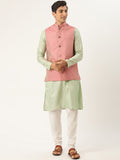 SOJANYA Kurta Motif Etnik Hijau & Merah Jambu Lelaki dengan Jaket Churidar & Nehru