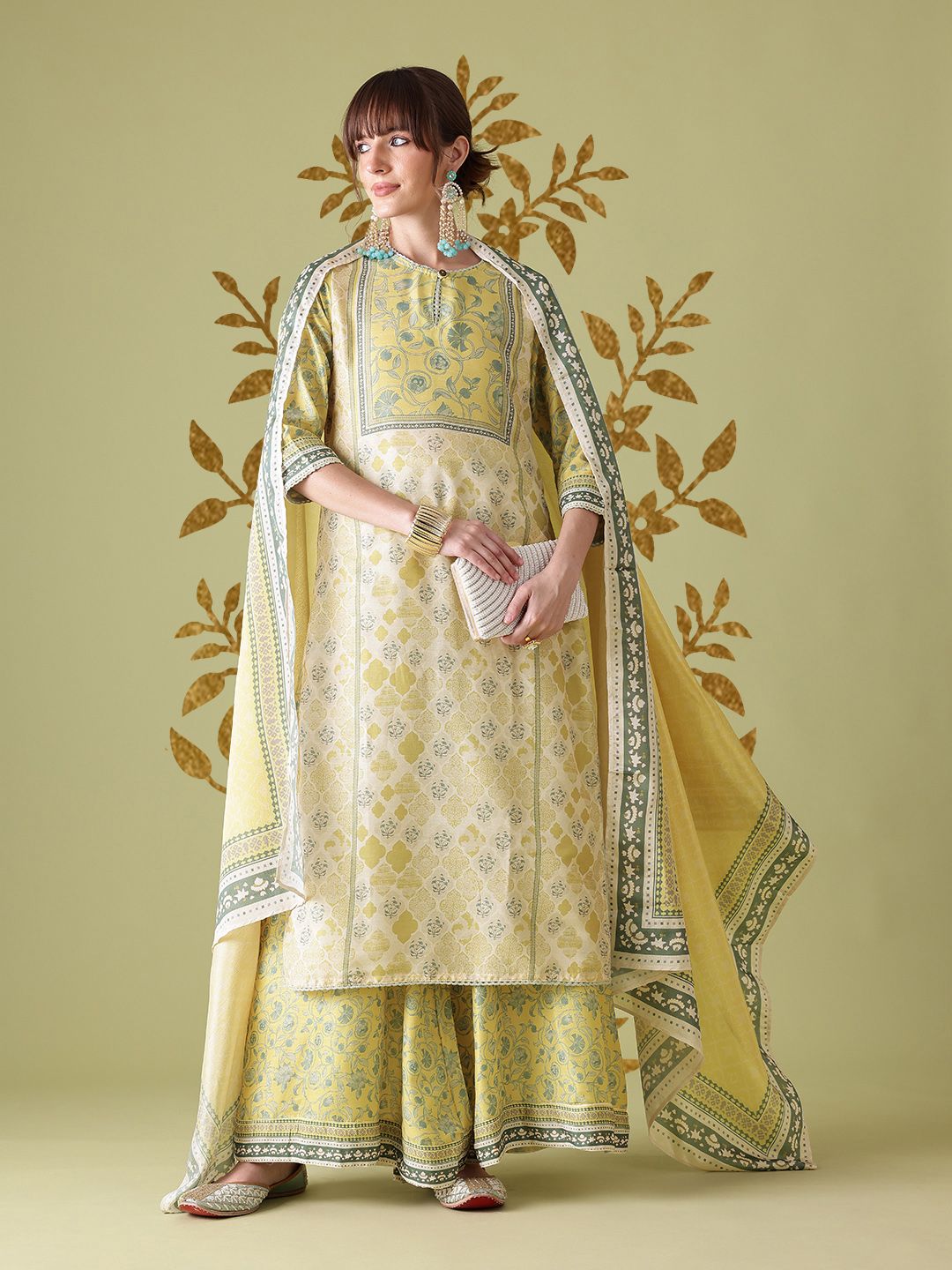 Anouk Indie Floral Printed Keyhole Neck Kurta with Palazzos & Dupatta