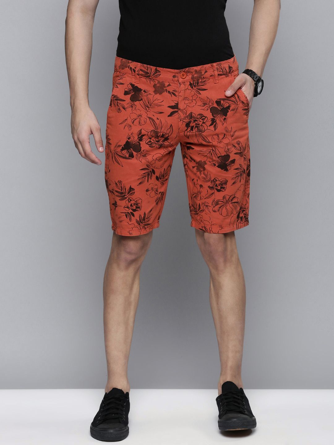 The Indian Garage Co Men Rust Floral Printed Slim Fit Regular Shorts