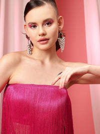 STREET 9 Fuchsia Strapless Satin Fringed Tube Crop Top