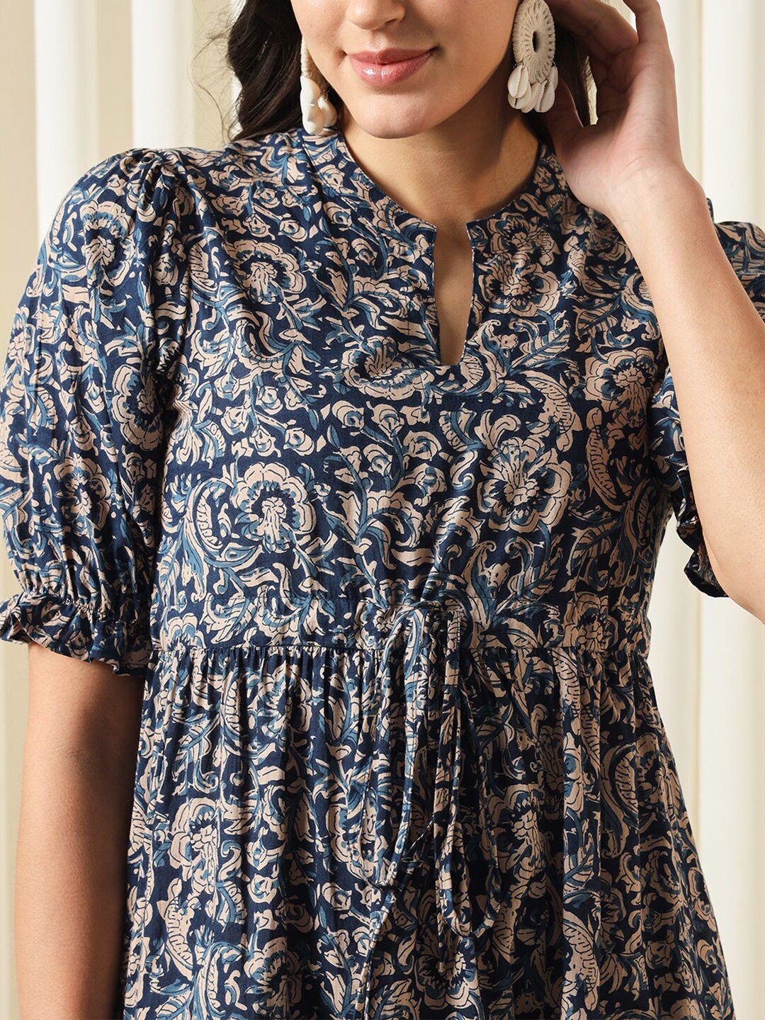 KALINI Floral Printed Mandarin Collar Puff Sleeves Cotton Fit and Flare Dress