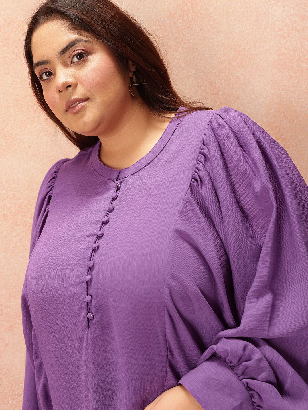 all about you Plus Size Puff Sleeves Shirt Style Longline Top